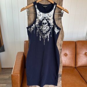 Express Dark Navy Dress with Silver Sequin Design SZ XS